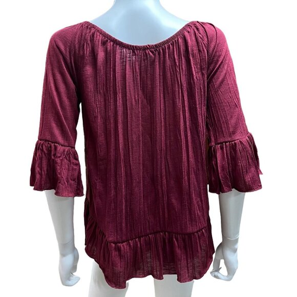 Almost Famous Maroon Embroidered Pleated Ruffled Blouse Womens Size L (N10304) - Picture 5 of 8